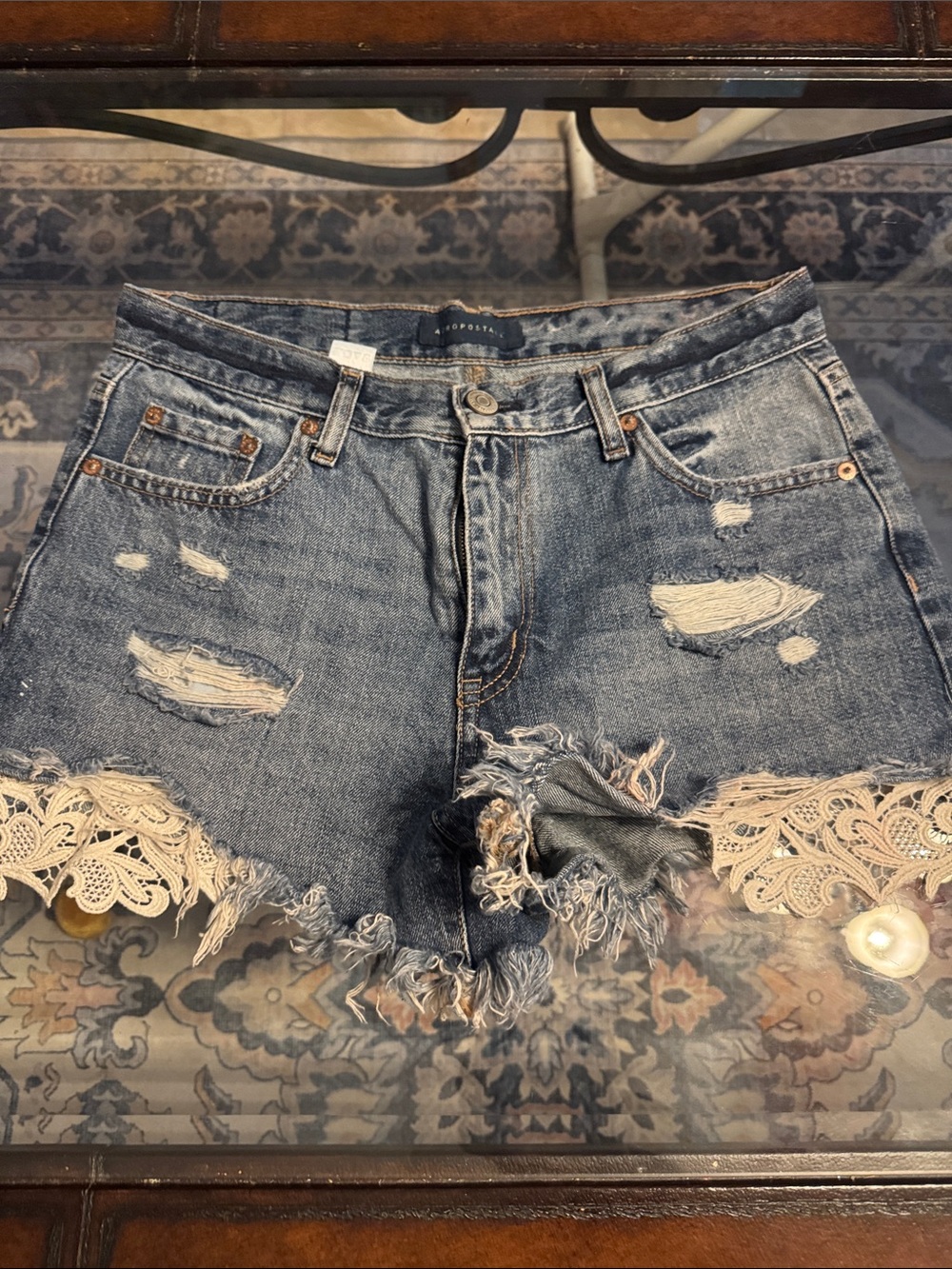 Aeropostale Distressed Denim Shorts with Cream Lace Trim - Blue